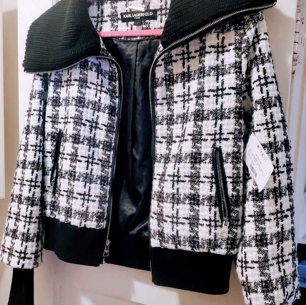 NWOT KARL LAGERFELD Women's Sweater Collar Tweed Plaid Bomber Black White Jacket